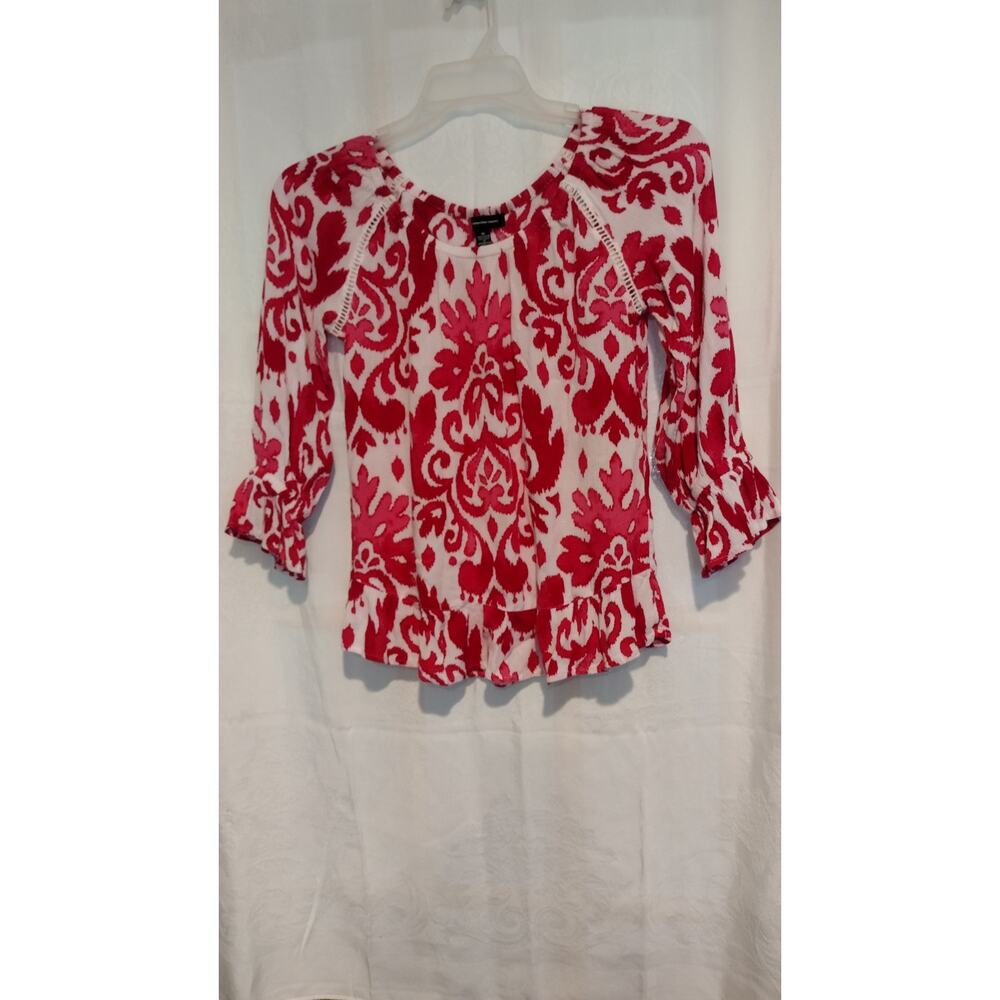 INC Women's Ladder Stitch Printed Blouse Fuchsia Size XS Boho-Chic Romantic